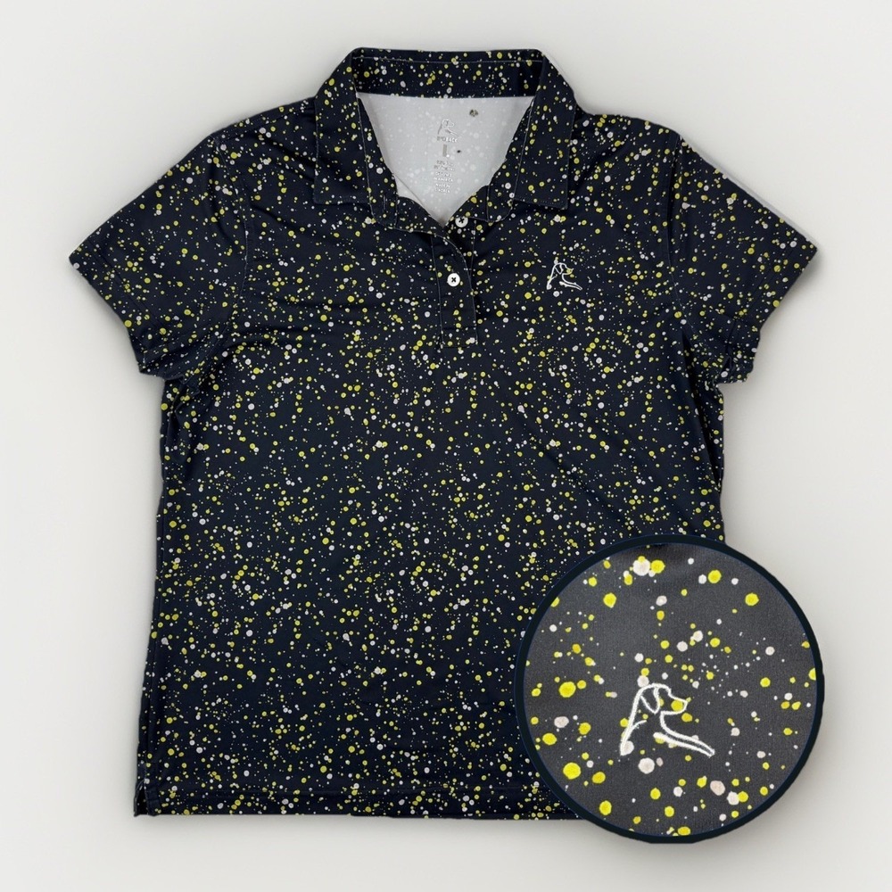Rhoback Women's Performance Golf Polo Shirt Large Black Paint Splatter Print Top